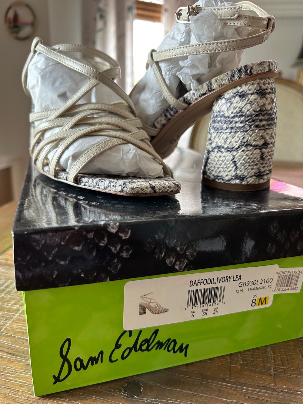 Sam Edelman Ivory Strappy Block Heel Sandals with Snakeskin Heel